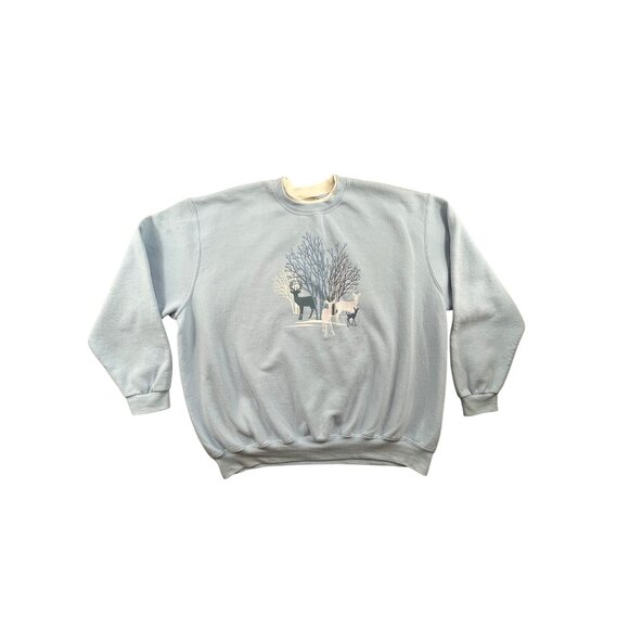 Top Stitch By Morning Sun Sweaters - Top Stitch Morning Sun Womens 3XL Blue Sweatshirt Deer Print Winter Design VTG